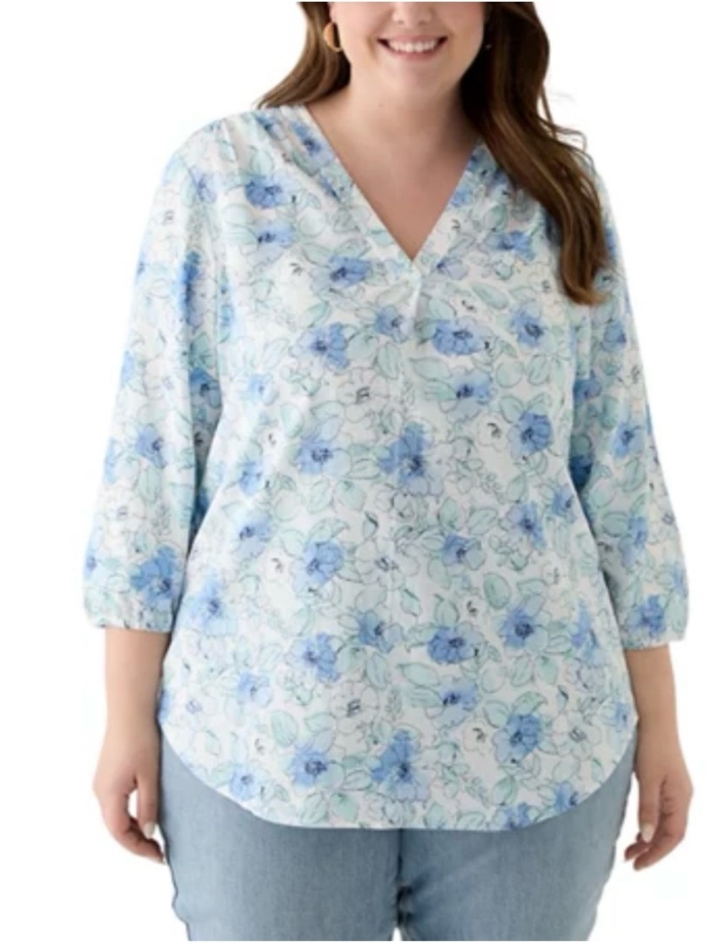 Jones New York Light Blue Floral V-Neck Blouse